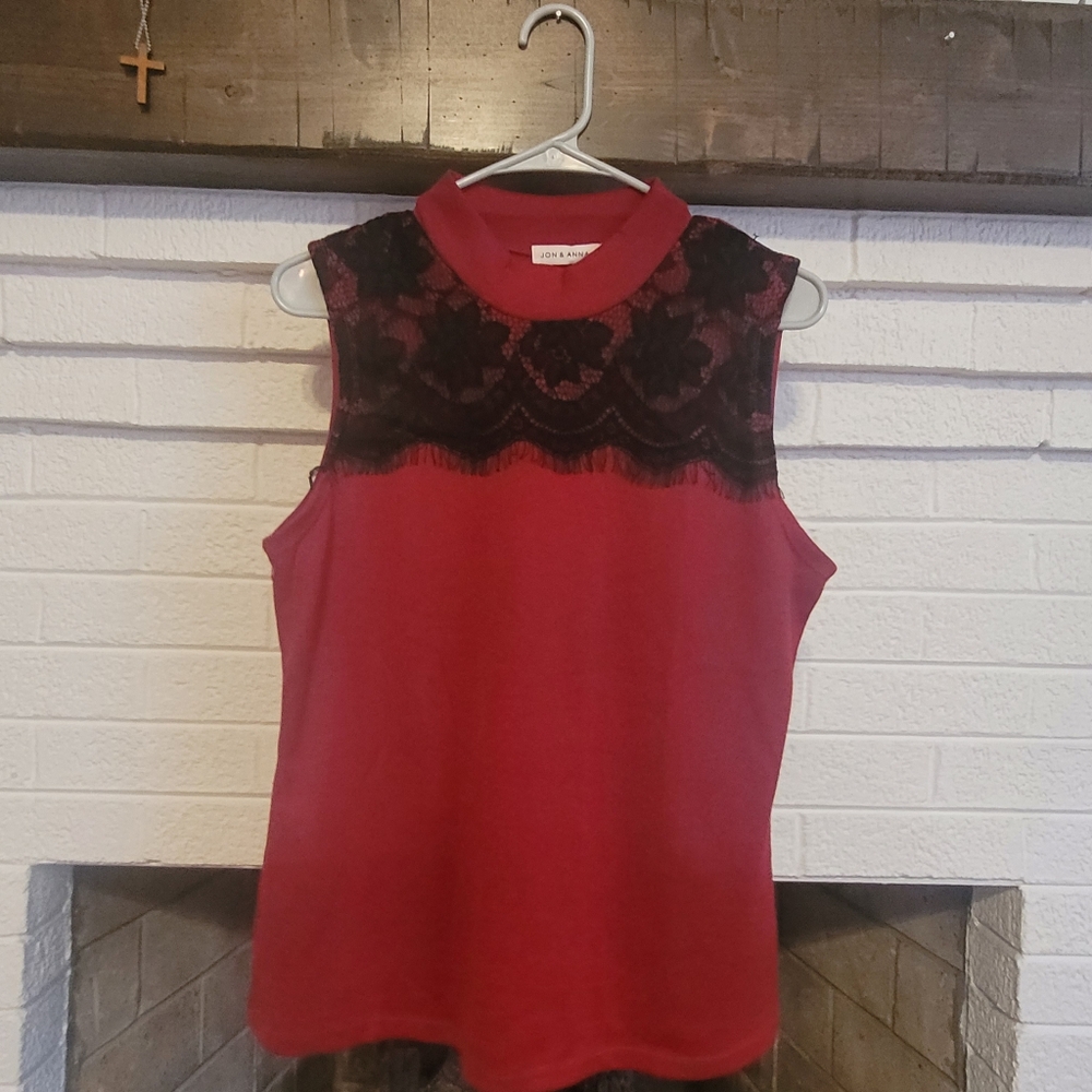 Red Sleeveless Top with Black Lace Detail